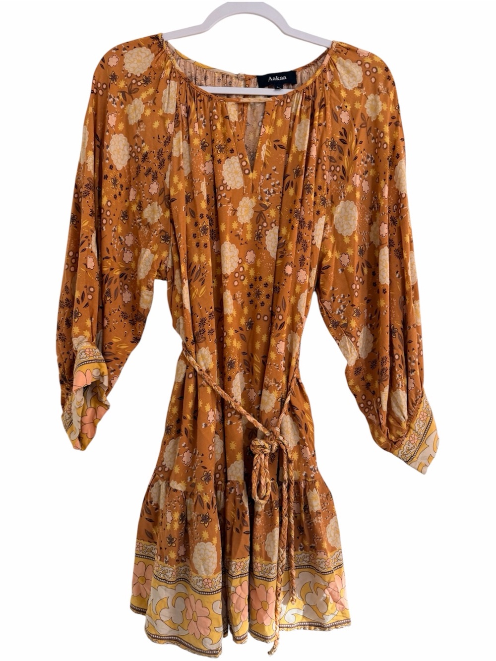 Aakaa Mustard Floral Tie-Waist Mini Dress